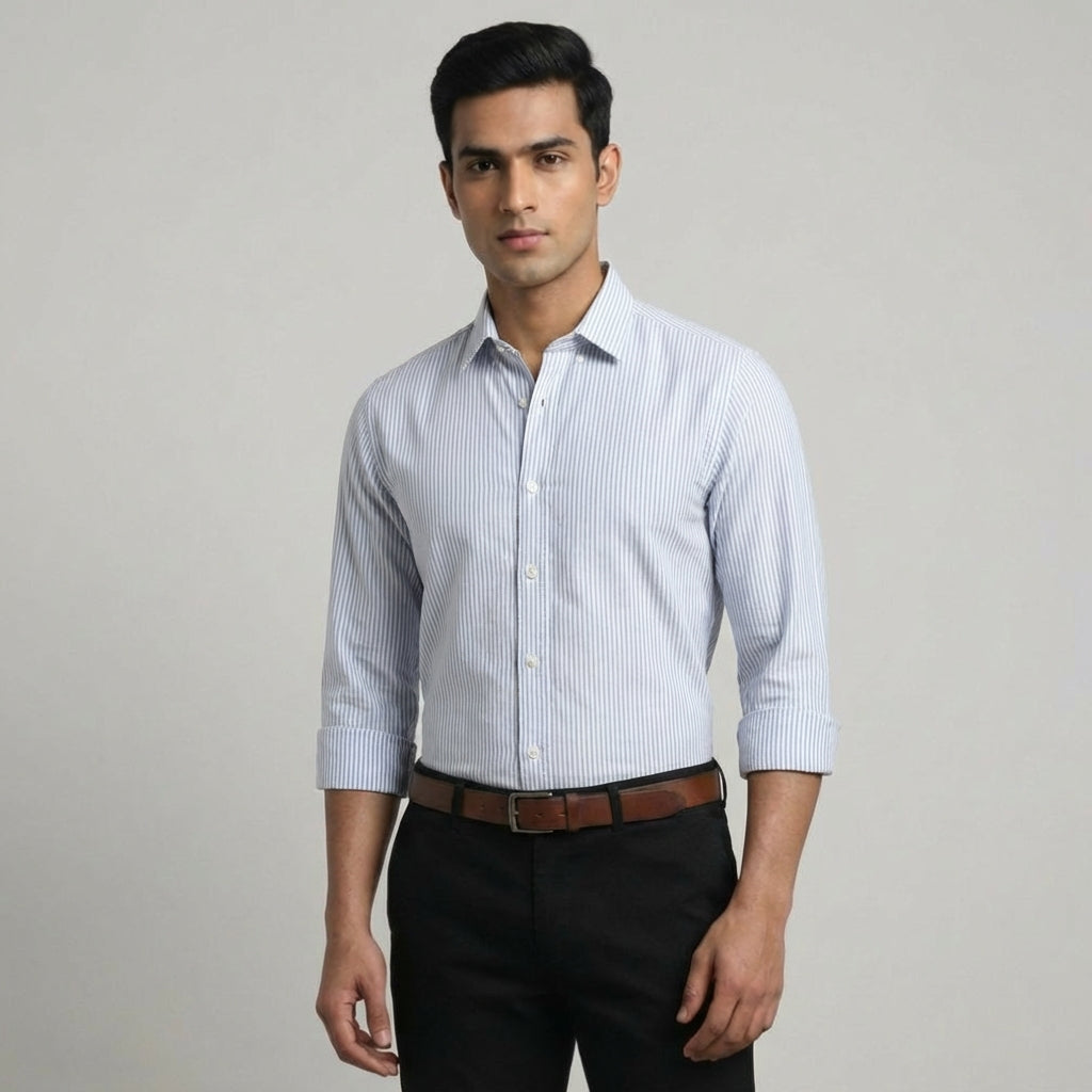 Cool Bee Super Premium Slim Fit Blue Striped Oxford Shirt for Men - Striped Premium Oxford Shirt India