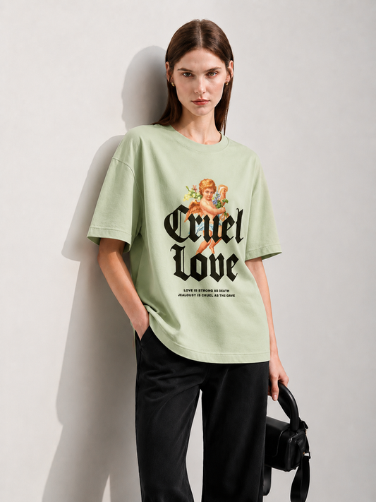 Cruel Love Women Tee Green – edgy love-themed graphic oversized t-shirt by Coolbee Store