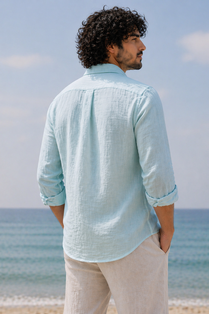 Cool Bee Linen Casual Shirt Ice Blue for Men - Ice Blue Linen Casual Shirt Breathable India - Back View