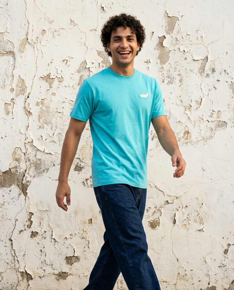 Cool Bee Essential Cotton Crew Neck T-Shirt Sky Blue for Men - Sky Blue Graphic Tee India - Detail View