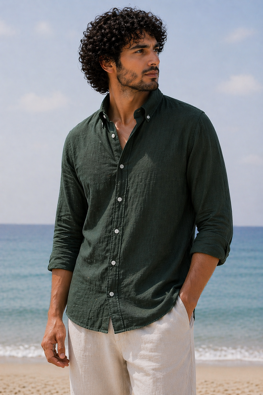 Cool Bee Linen Casual Shirt Bottle Green for Men - Linen Casual Shirt Breathable India - Lifestyle View