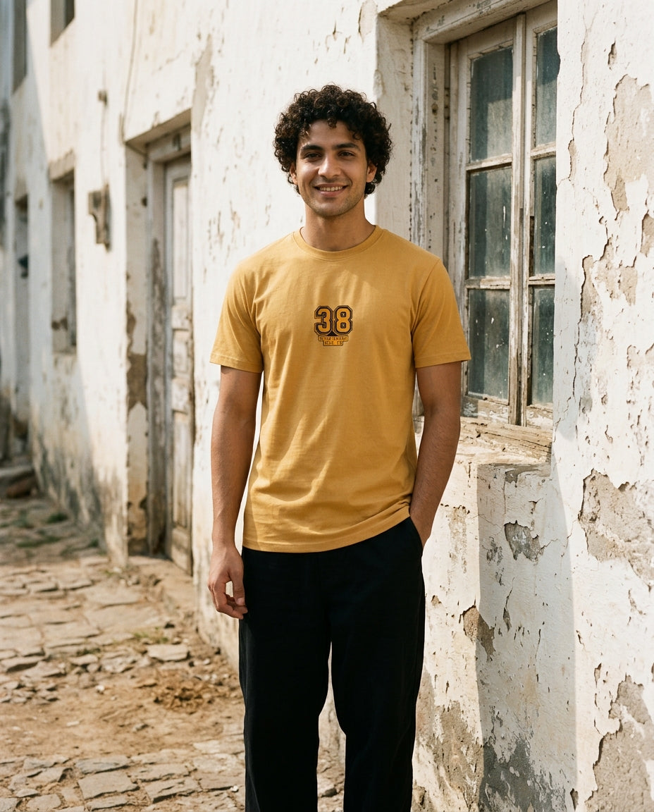 Cool Bee Essential Cotton Crew Neck T-Shirt Yellow for Men - Yellow Regular Fit Tee India - Detail View