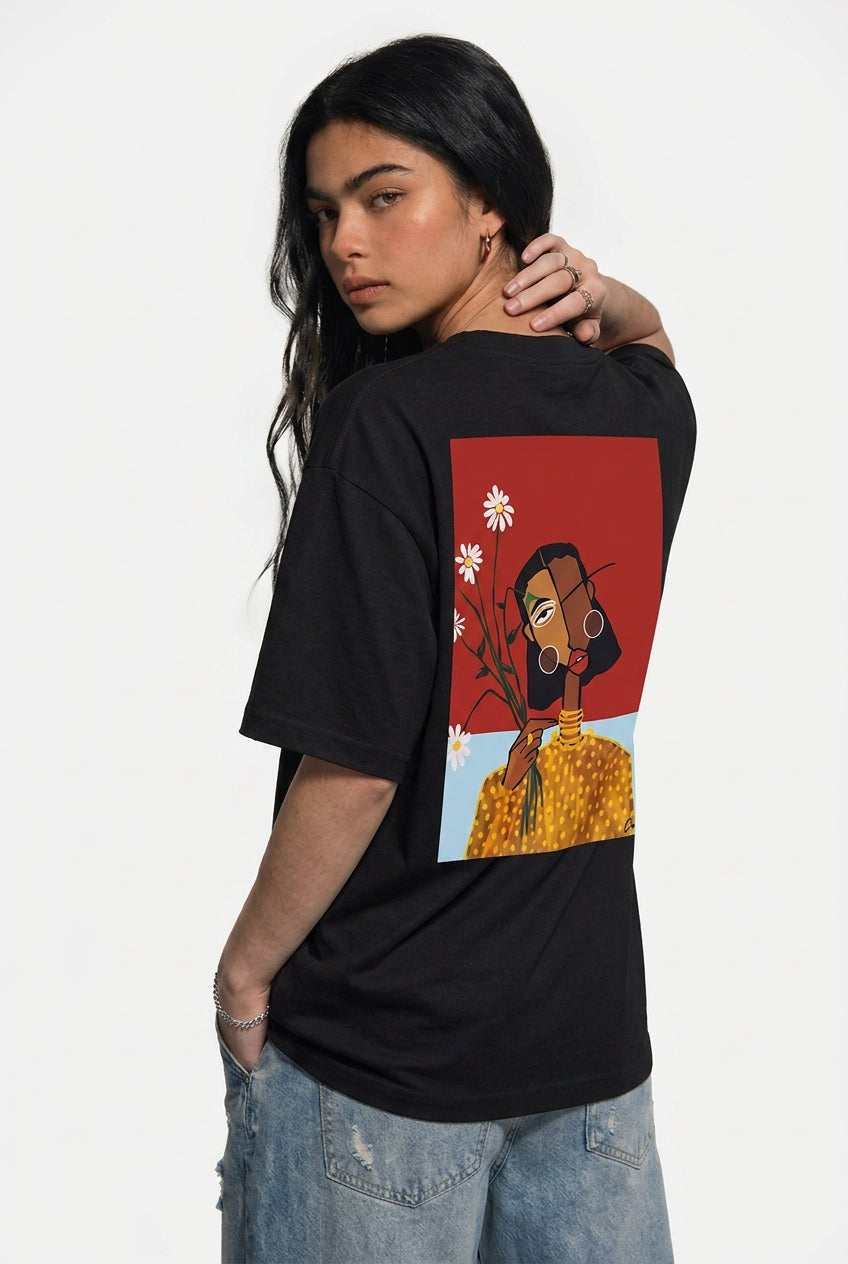 Cool Bee Cubist Bloom Oversize Tee Black for Women - Black Oversized Graphic Tee Streetwear India