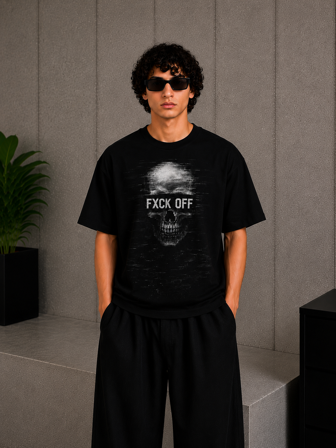 Cool Bee Skull Tee Black for Men - Black Oversized Graphic Tee Streetwear India - Front View