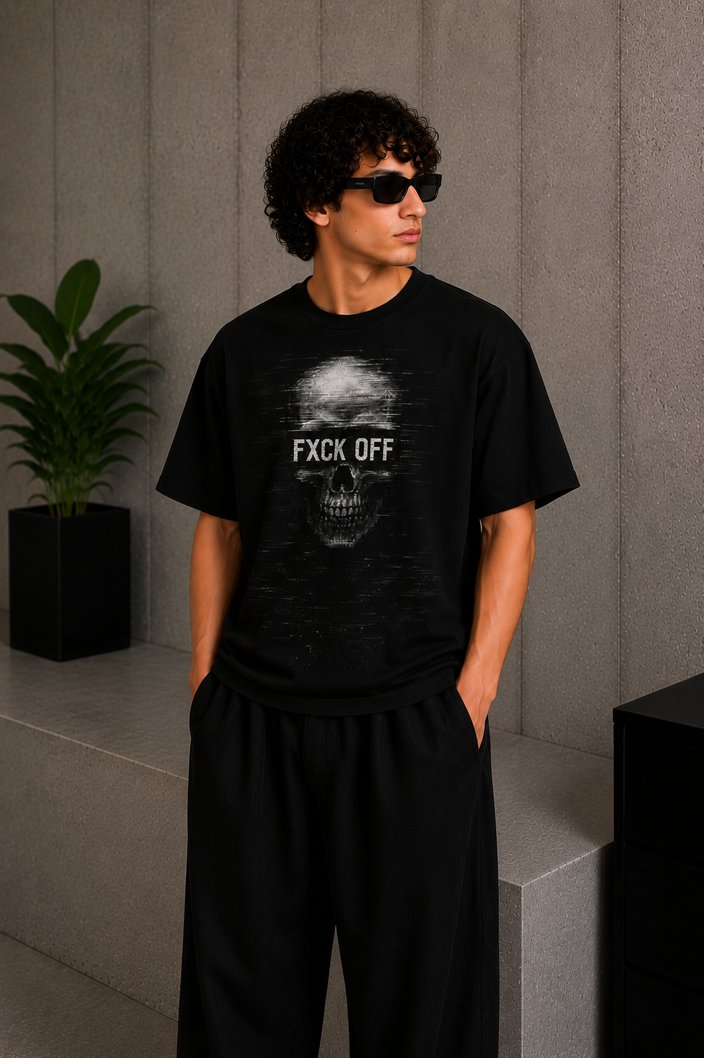 Cool Bee Skull Tee Black for Men - Black Oversized Graphic Tee Streetwear India - Side View