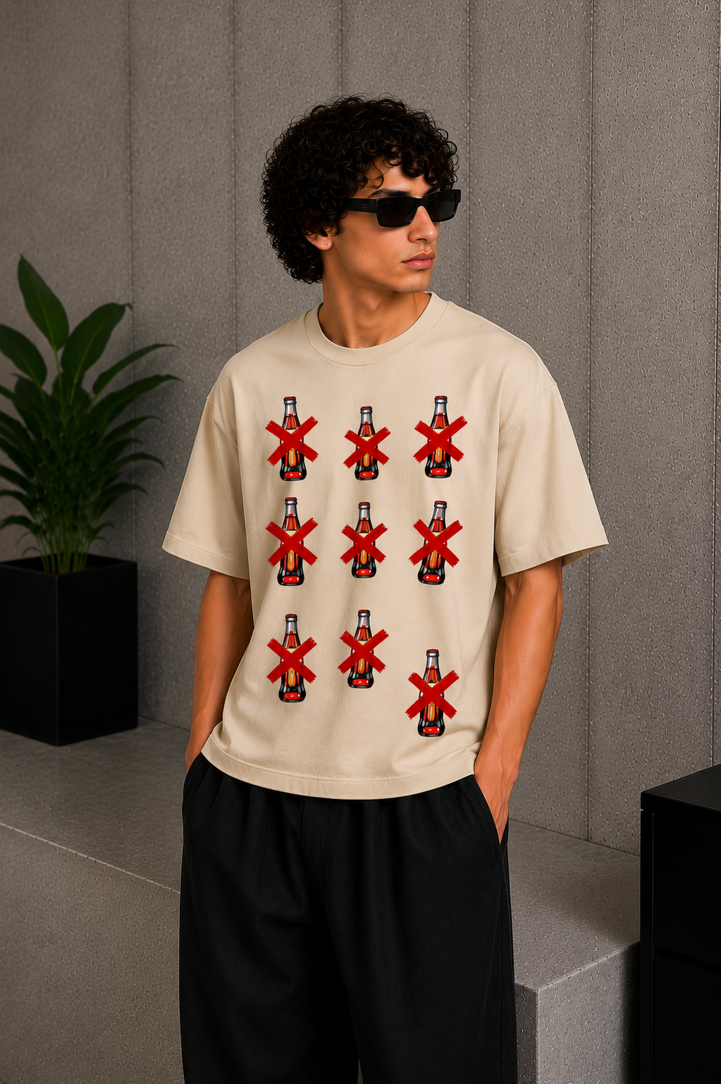 Cool Bee Cross Tee Beige for Men - Beige Oversized Graphic Tee Streetwear India - Detail View