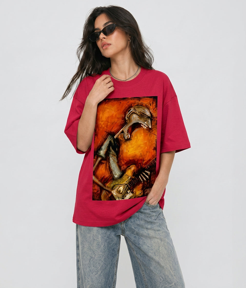 Cool Bee Canvas Chords Tee Red for Women - Oversized Graphic Tee Streetwear India - Lifestyle View