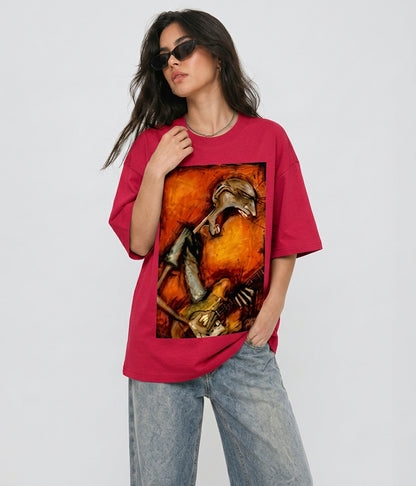Cool Bee Canvas Chords Tee Red for Women - Oversized Graphic Tee Streetwear India - Lifestyle View