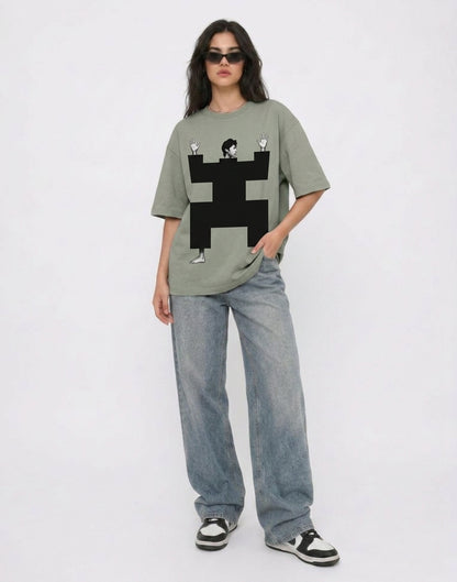 Cool Bee Structural Persona Tee Green for Women - Oversized Graphic Tee Streetwear India - Detail View