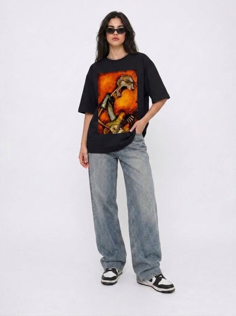 Cool Bee Canvas Chords Tee Black for Women - Oversized Graphic Tee Streetwear India - Lifestyle View