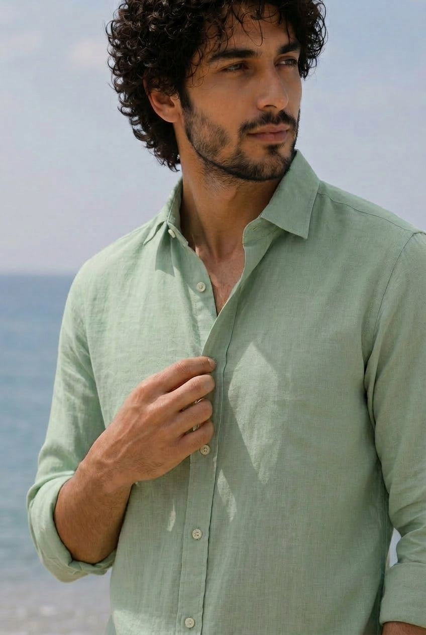 Cool Bee Linen Casual Shirt Sage Green for Men - Sage Green Linen Casual Shirt Breathable India - Detail View