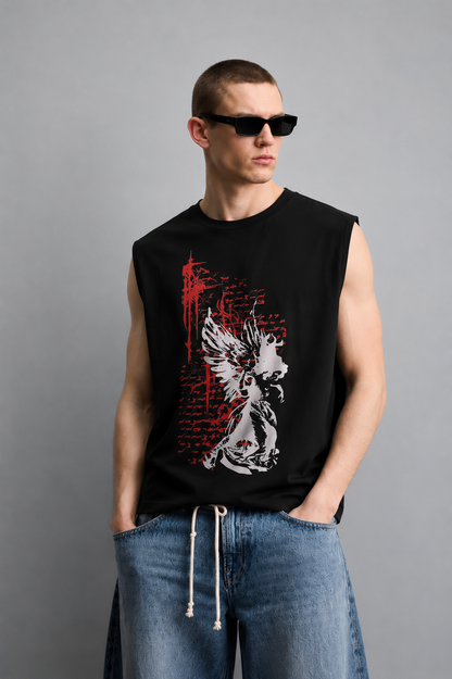 Black tank top with a winged angel-skeleton silhouette in white over a red graffiti-style scratch and script-text background.