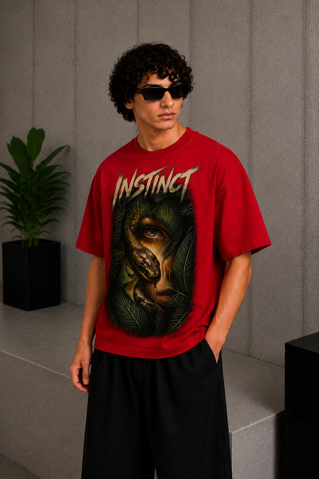 Cool Bee Face Snake Tee Red for Men - Red Oversized Graphic Tee Streetwear India