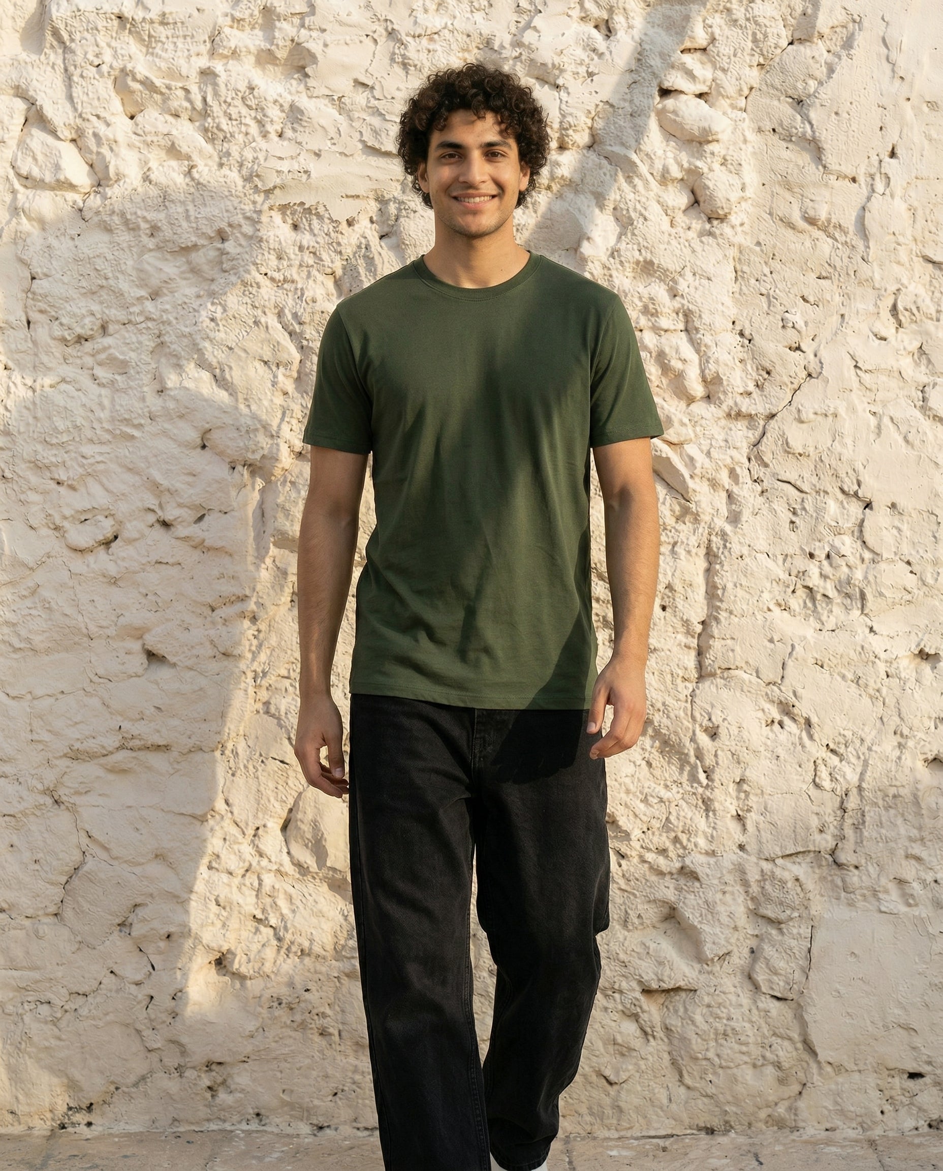 Cool Bee Essential Cotton Crew Neck T-Shirt Green for Men - Green Regular Fit Tee India - Detail View