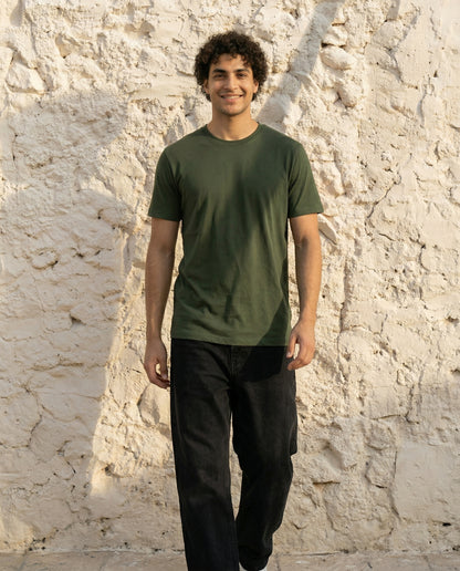 Cool Bee Essential Cotton Crew Neck T-Shirt Green for Men - Green Regular Fit Tee India - Detail View
