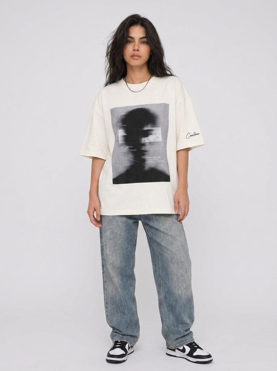 Cool Bee Blurred Vision Tee White for Women - Oversized Graphic Tee Streetwear India - Lifestyle View