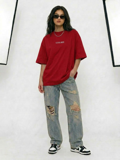 Cool Bee Midnight Muse Tee Red for Women - Oversized Graphic Tee Streetwear India - Lifestyle View