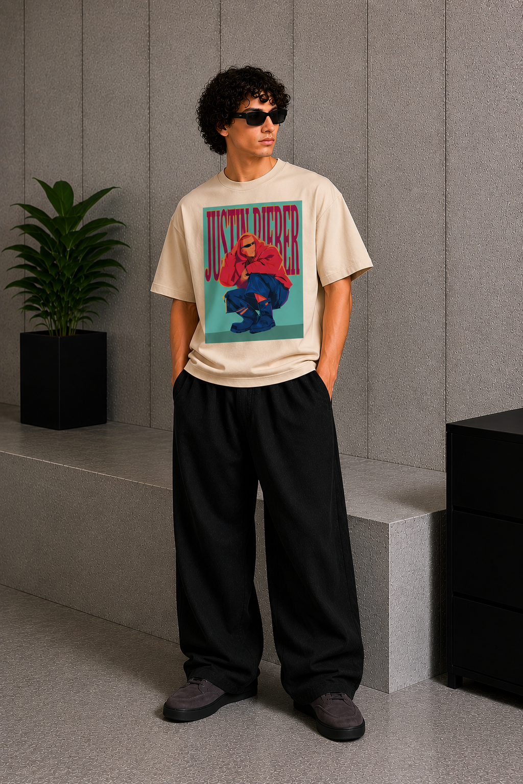 Cool Bee Bieber Tee Beige for Men - Beige Oversized Graphic Tee Streetwear India - Detail View