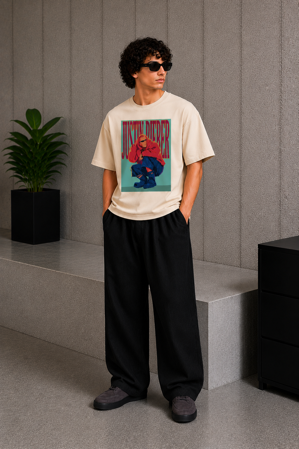 Cool Bee Bieber Tee Beige for Men - Beige Oversized Graphic Tee Streetwear India - Lifestyle View