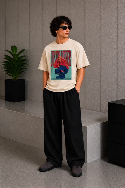 Cool Bee Bieber Tee Beige for Men - Beige Oversized Graphic Tee Streetwear India - Lifestyle View