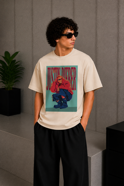 Cool Bee Bieber Tee Beige for Men - Beige Oversized Graphic Tee Streetwear India - Lifestyle View