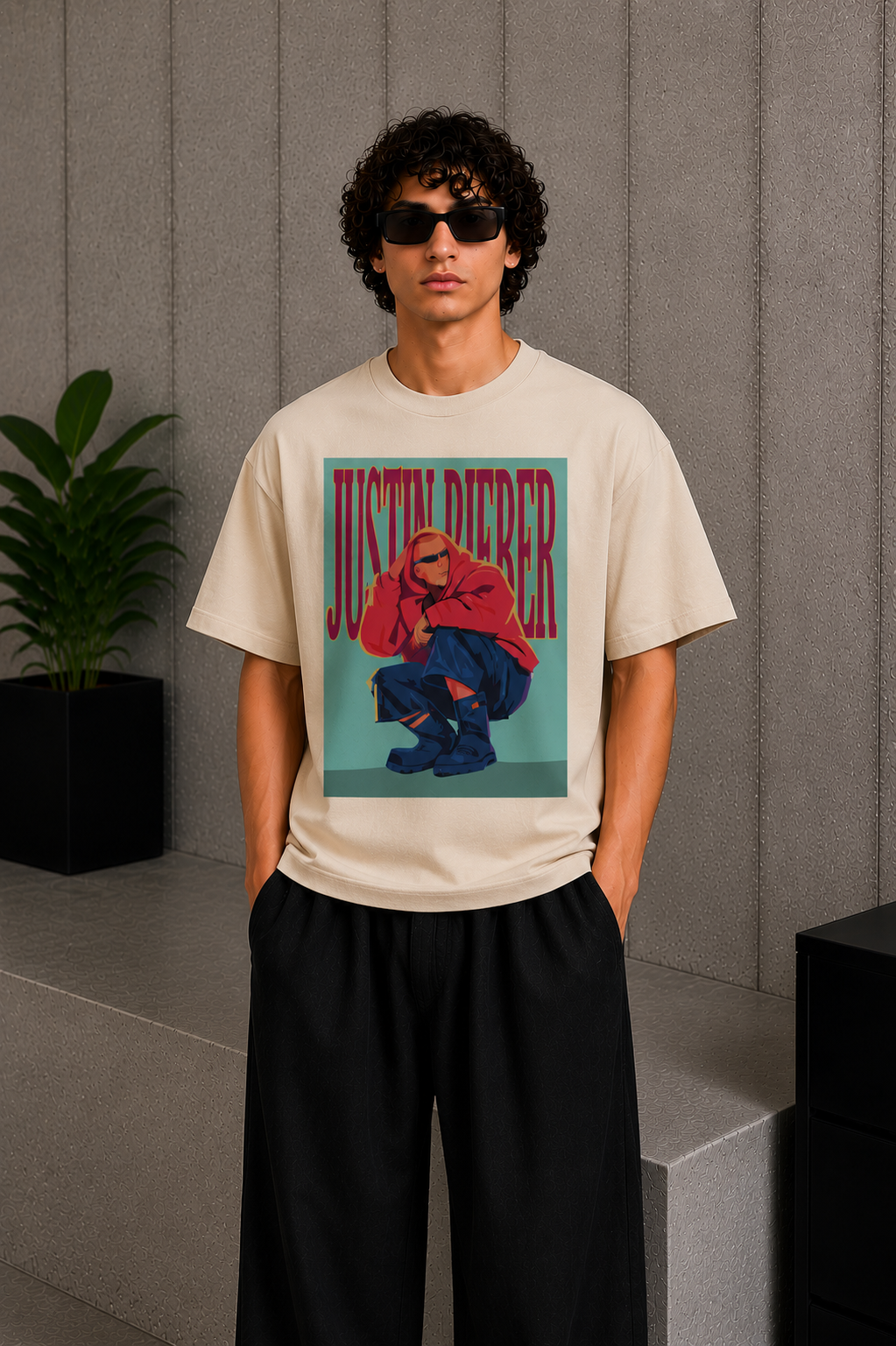 Cool Bee Bieber Tee Beige for Men - Beige Oversized Graphic Tee Streetwear India