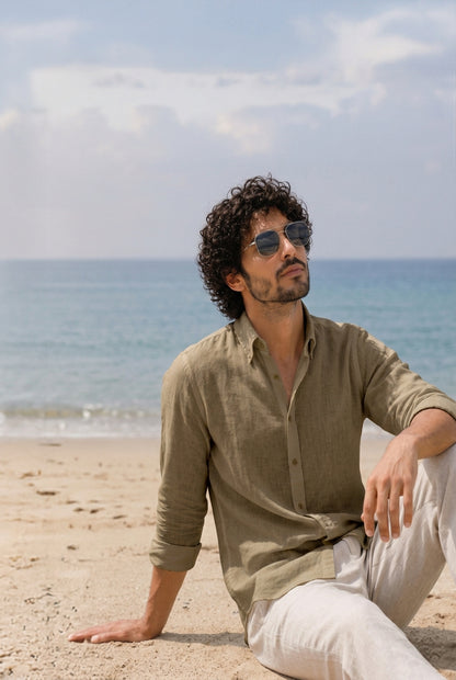Cool Bee Linen Casual Shirt Dark Beige for Men - Dark Beige Linen Casual Shirt Breathable India - Lifestyle View