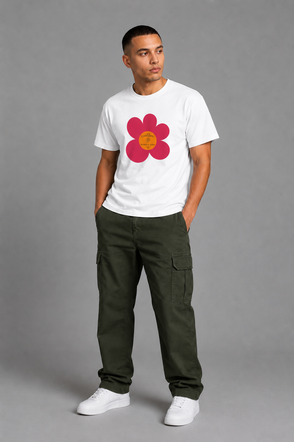 Cool Bee Meadow Red Flower Tee White for Men - White Oversized Graphic Tee Streetwear India - Detail View