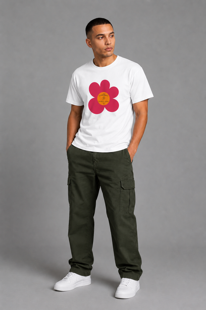 Cool Bee Meadow Red Flower Tee White for Men - White Oversized Graphic Tee Streetwear India - Detail View