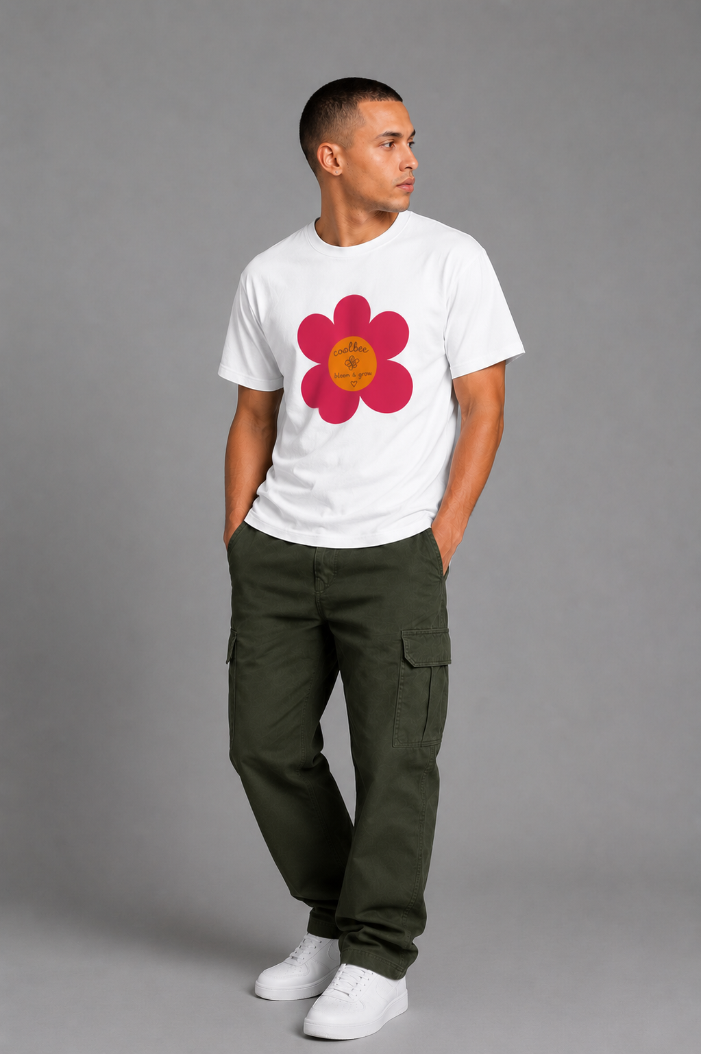 Cool Bee Meadow Red Flower Tee White for Men - White Oversized Graphic Tee Streetwear India - Lifestyle View