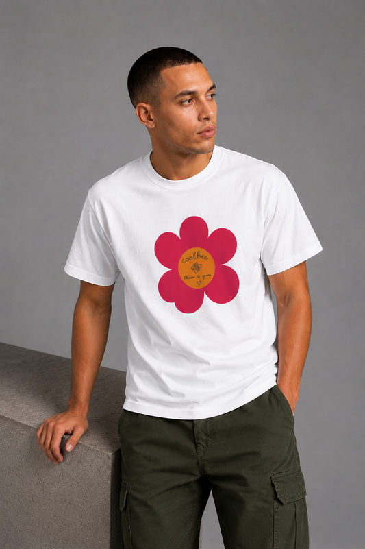 Cool Bee Meadow Red Flower Tee White for Men - White Oversized Graphic Tee Streetwear India