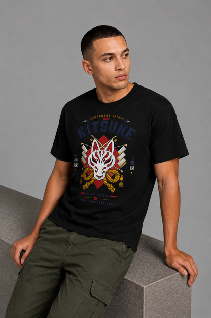 Cool Bee Kitsune Tee Black for Men - Black Oversized Graphic Tee Streetwear India - Lifestyle View