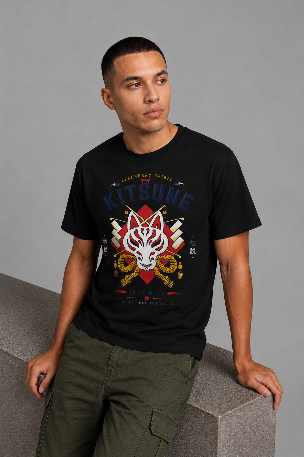Cool Bee Kitsune Tee Black for Men - Black Oversized Graphic Tee Streetwear India - Back View
