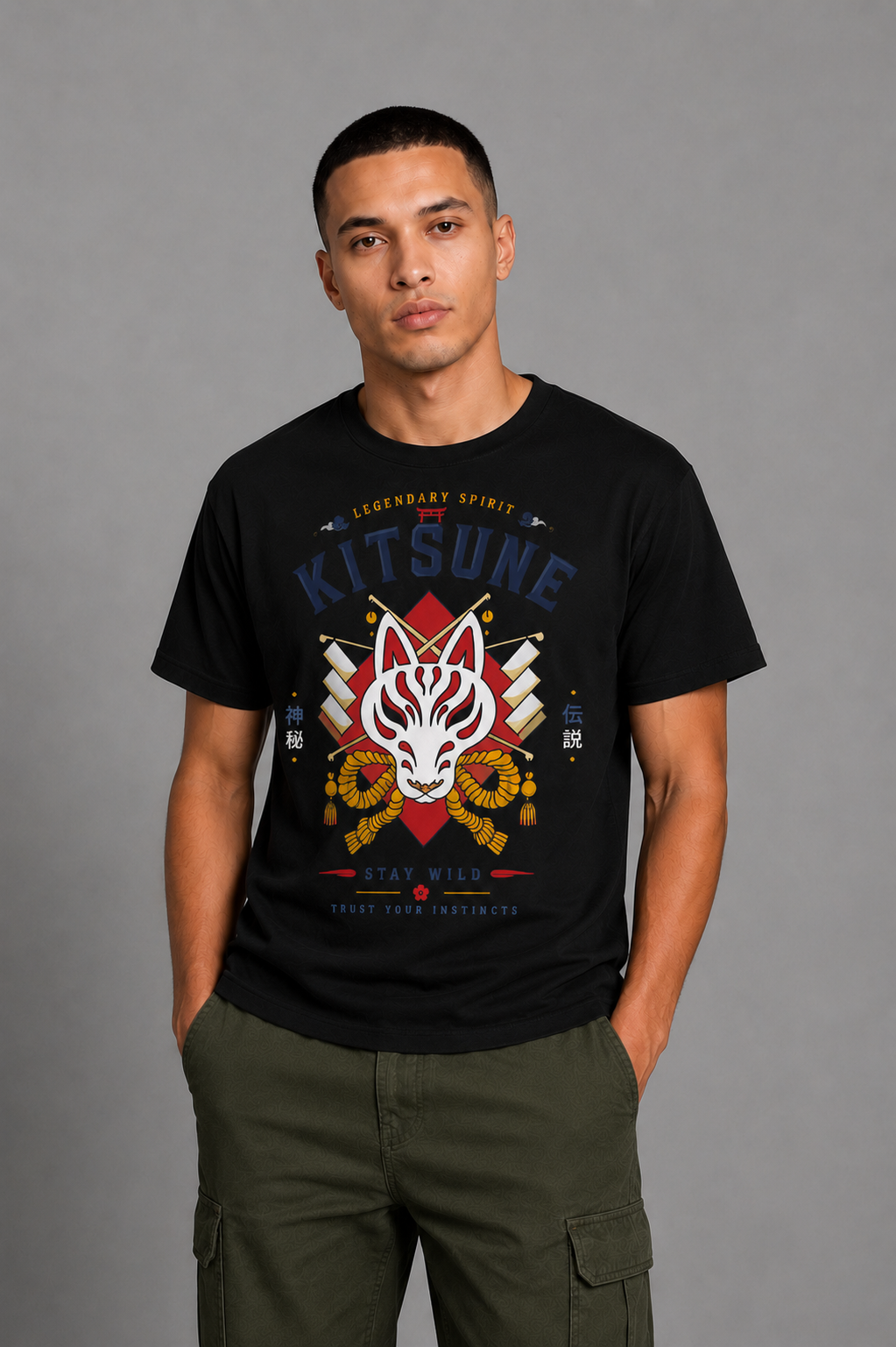 Cool Bee Kitsune Tee Black for Men - Black Anime Graphic Tee Streetwear India
