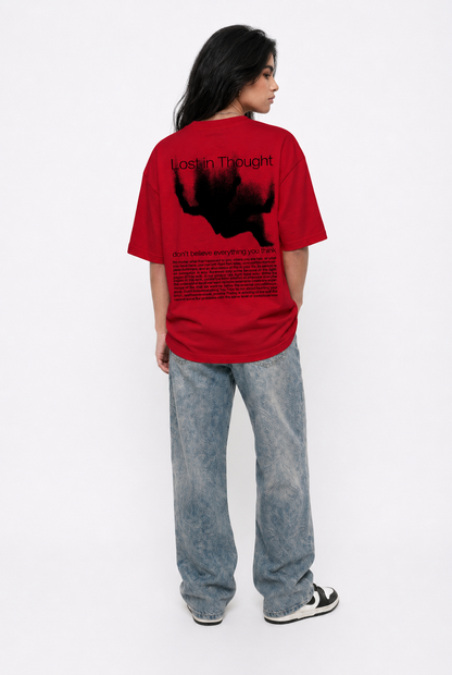 Cool Bee Lost in Thoughts Tee Red for Women - Oversized Graphic Tee Streetwear India - Lifestyle View