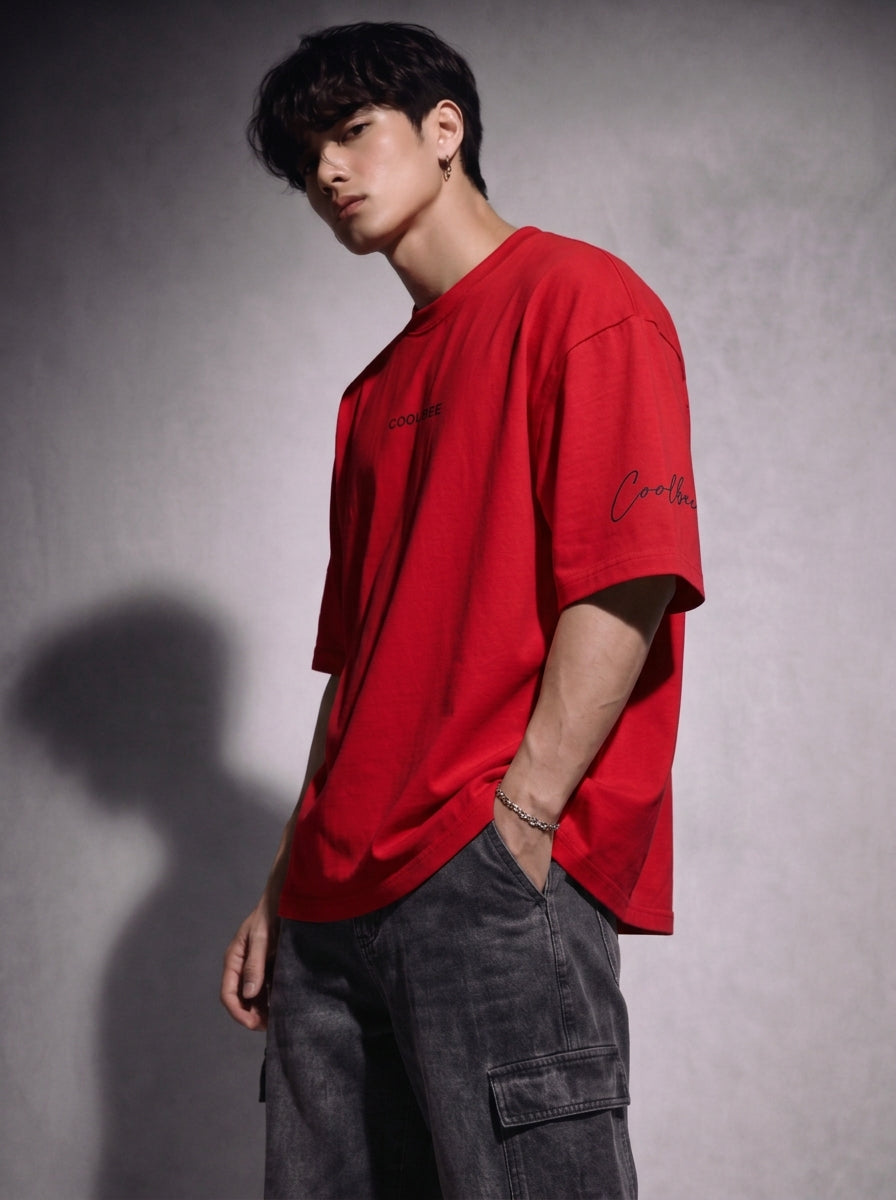 Cool Bee Orbital Drift Tee Red for Men - Red Oversized Graphic Tee Streetwear India - Lifestyle View
