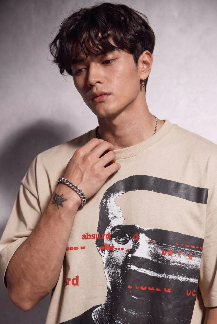 Cool Bee Glitch Portrait Tee Beige for Men - Beige Oversized Graphic Tee Streetwear India - Detail View