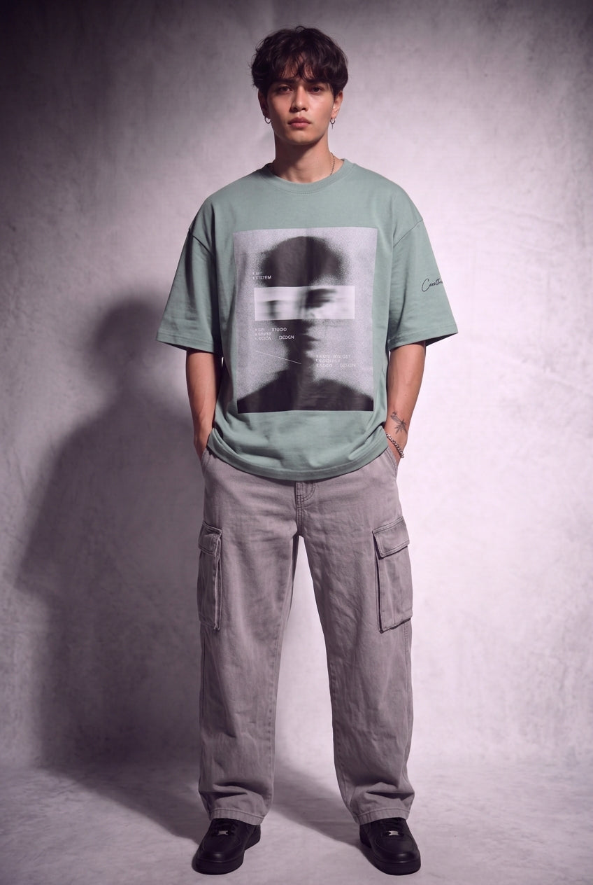 Cool Bee Blurred Vision Tee Off Green for Men - Off Green Oversized Graphic Tee Streetwear India - Detail View