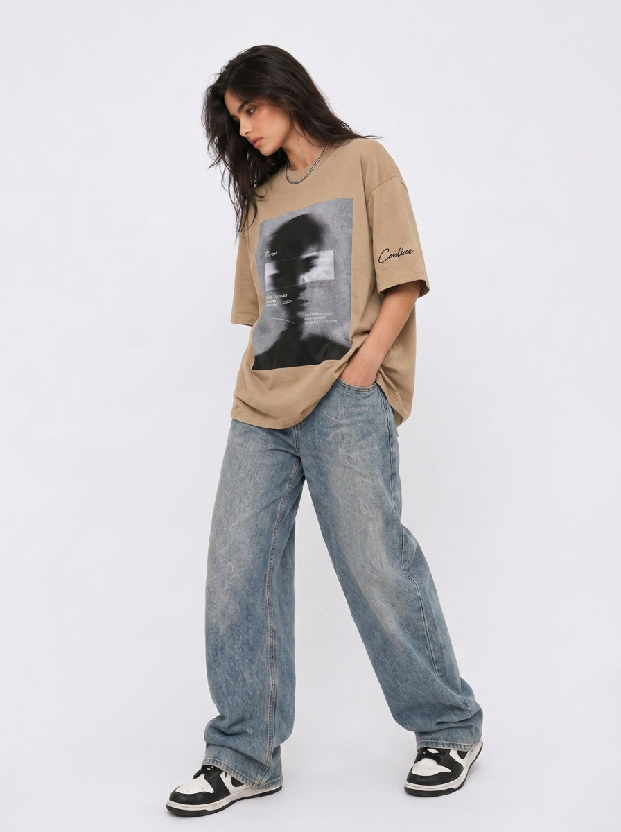 Cool Bee Blurred Vision Tee Beige for Women - Oversized Graphic Tee Streetwear India - Lifestyle View