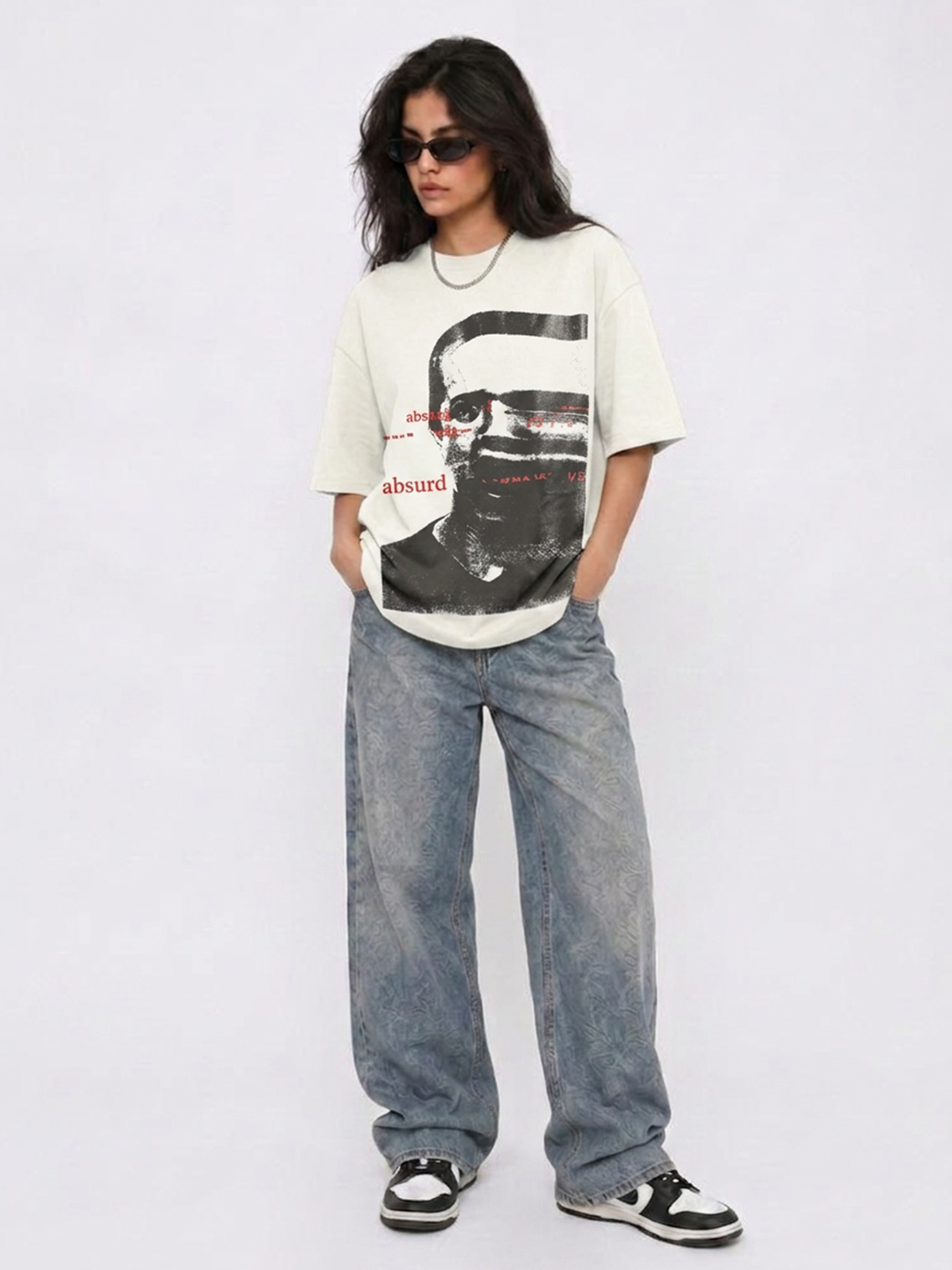 Cool Bee Glitch Portrait Tee White for Women - Oversized Graphic Tee Streetwear India - Lifestyle View