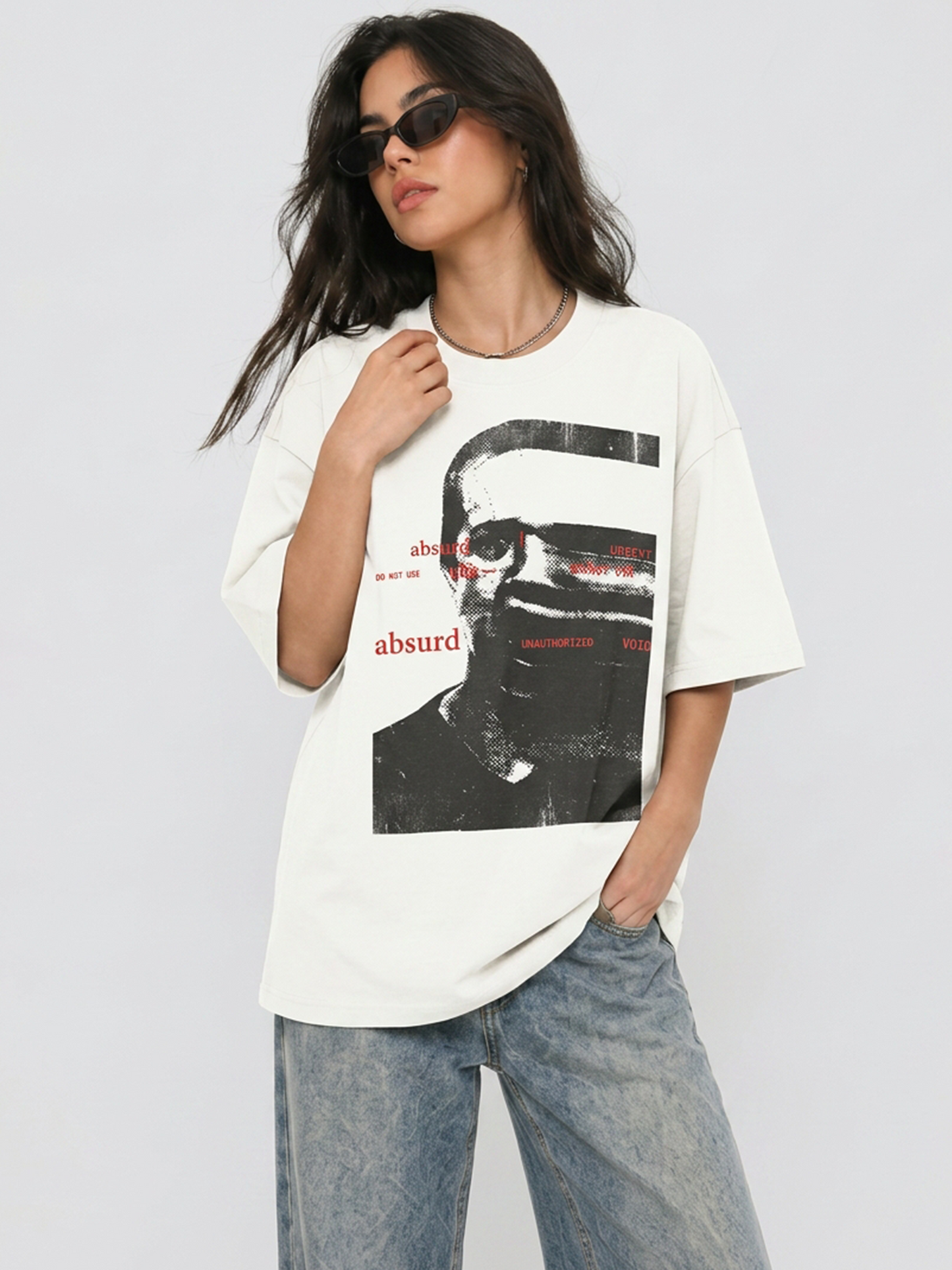 Cool Bee Glitch Portrait Tee White for Women - White Oversized Graphic Tee Streetwear India