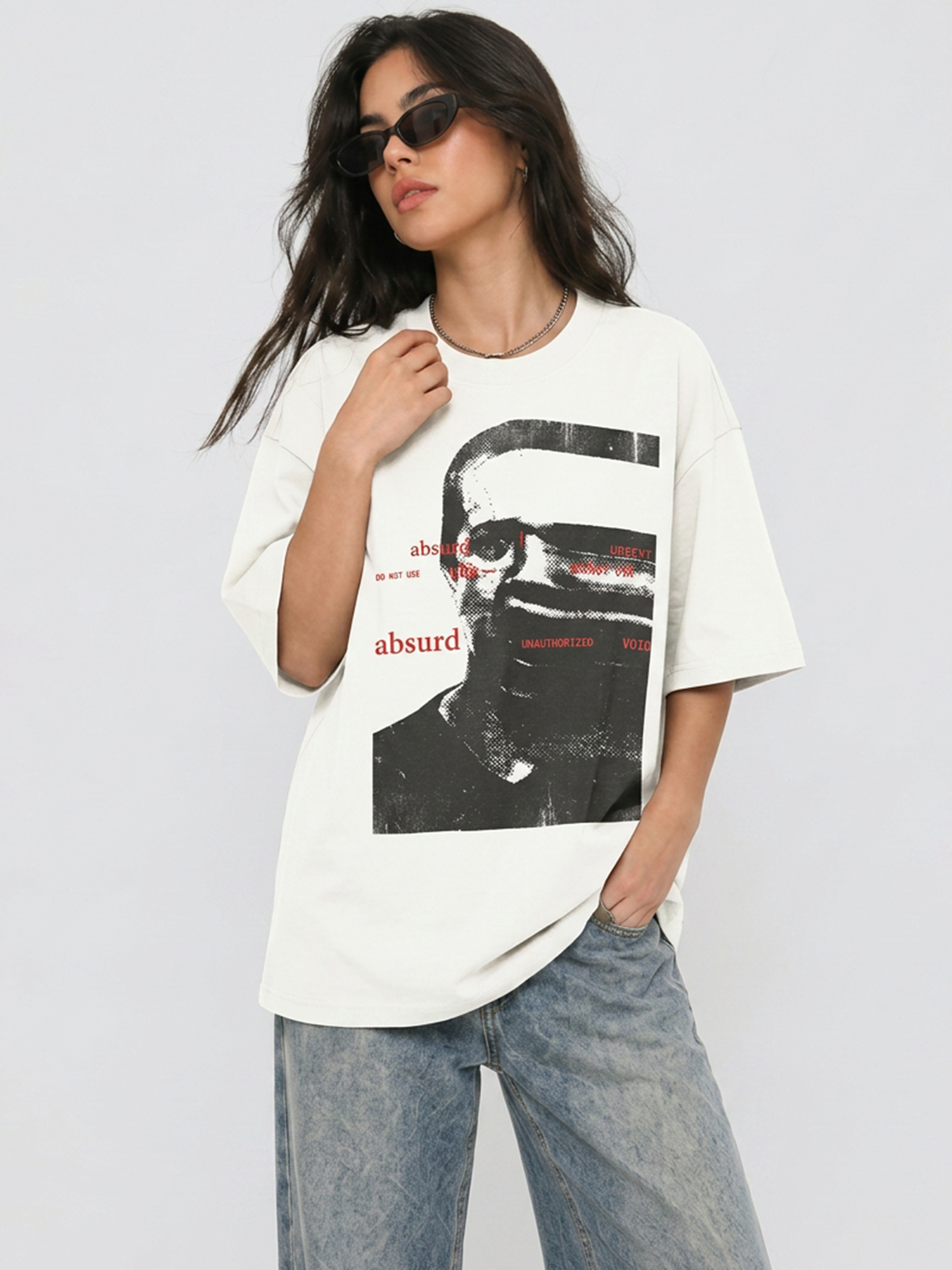 Cool Bee Glitch Portrait Tee White for Women - White Oversized Graphic Tee Streetwear India