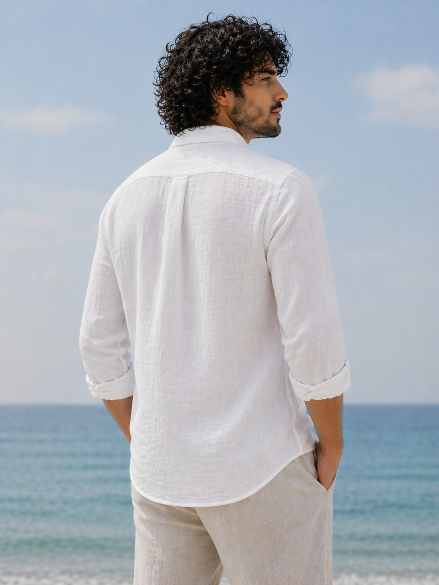 Cool Bee Linen Casual Shirt White for Men - White Linen Casual Shirt Breathable India - Back View