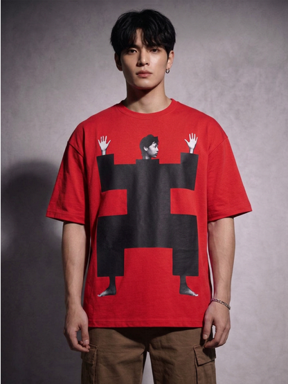 Cool Bee Structural Persona Tee Red for Men - Red Oversized Graphic Tee Streetwear India - Lifestyle View