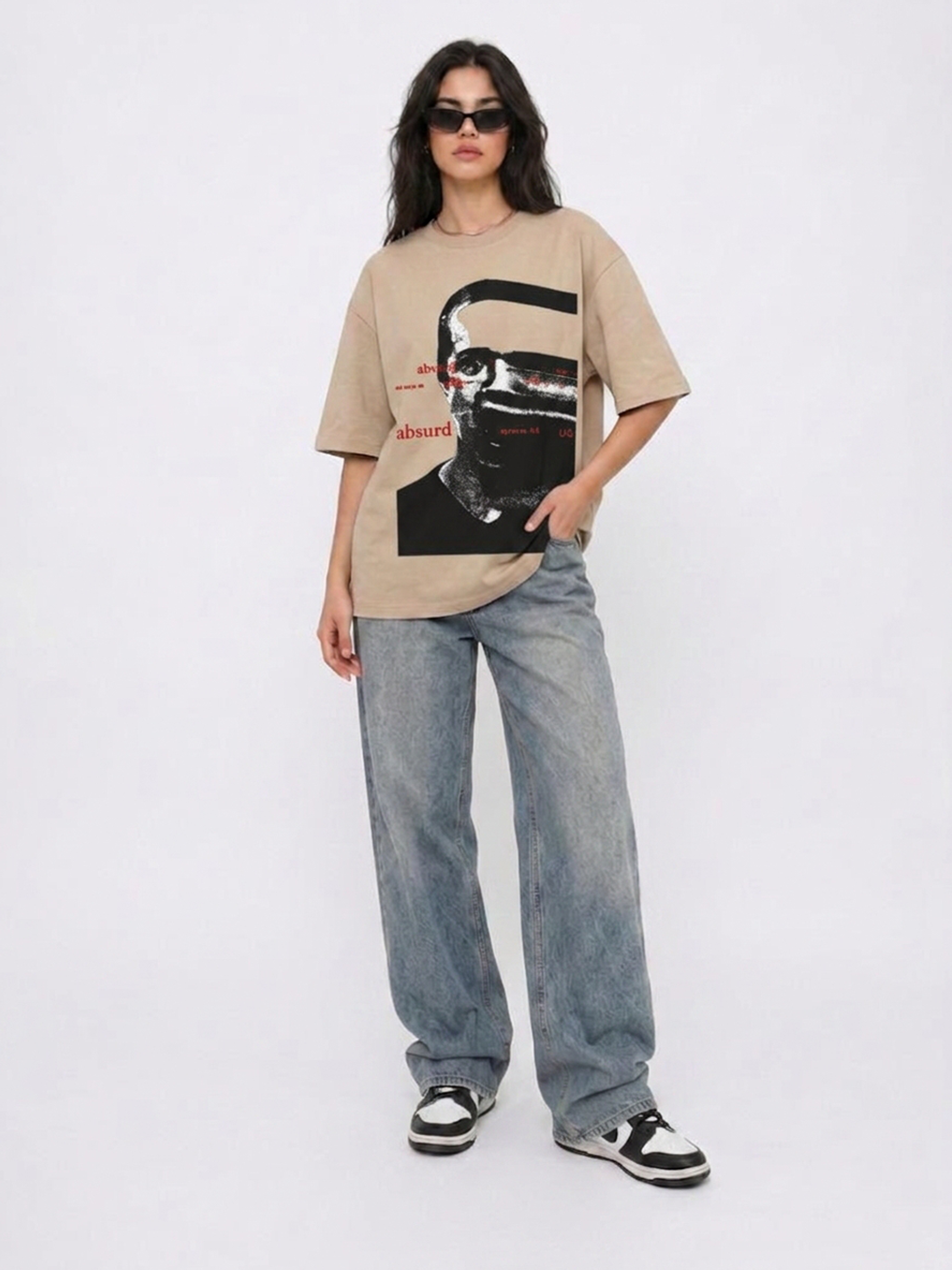 Cool Bee Glitch Portrait Tee Beige for Women - Oversized Graphic Tee Streetwear India - Lifestyle View