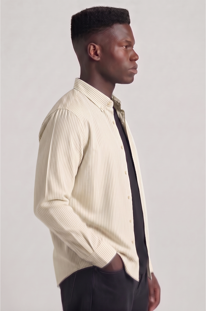 Cool Bee Super Premium Slim Fit Beige Striped Oxford Shirt for Men - Striped Premium Oxford Shirt India - Detail View