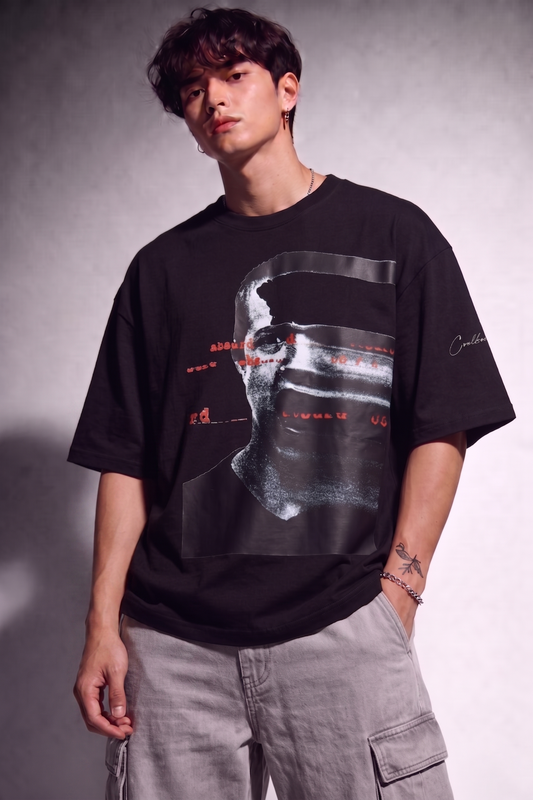 Cool Bee Glitch Portrait Tee Black for Men - Black Oversized Graphic Tee Streetwear India