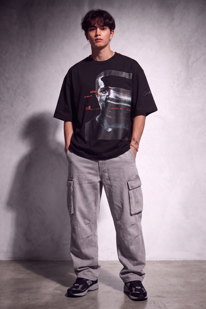 Cool Bee Glitch Portrait Tee Black for Men - Black Oversized Graphic Tee Streetwear India - Lifestyle View