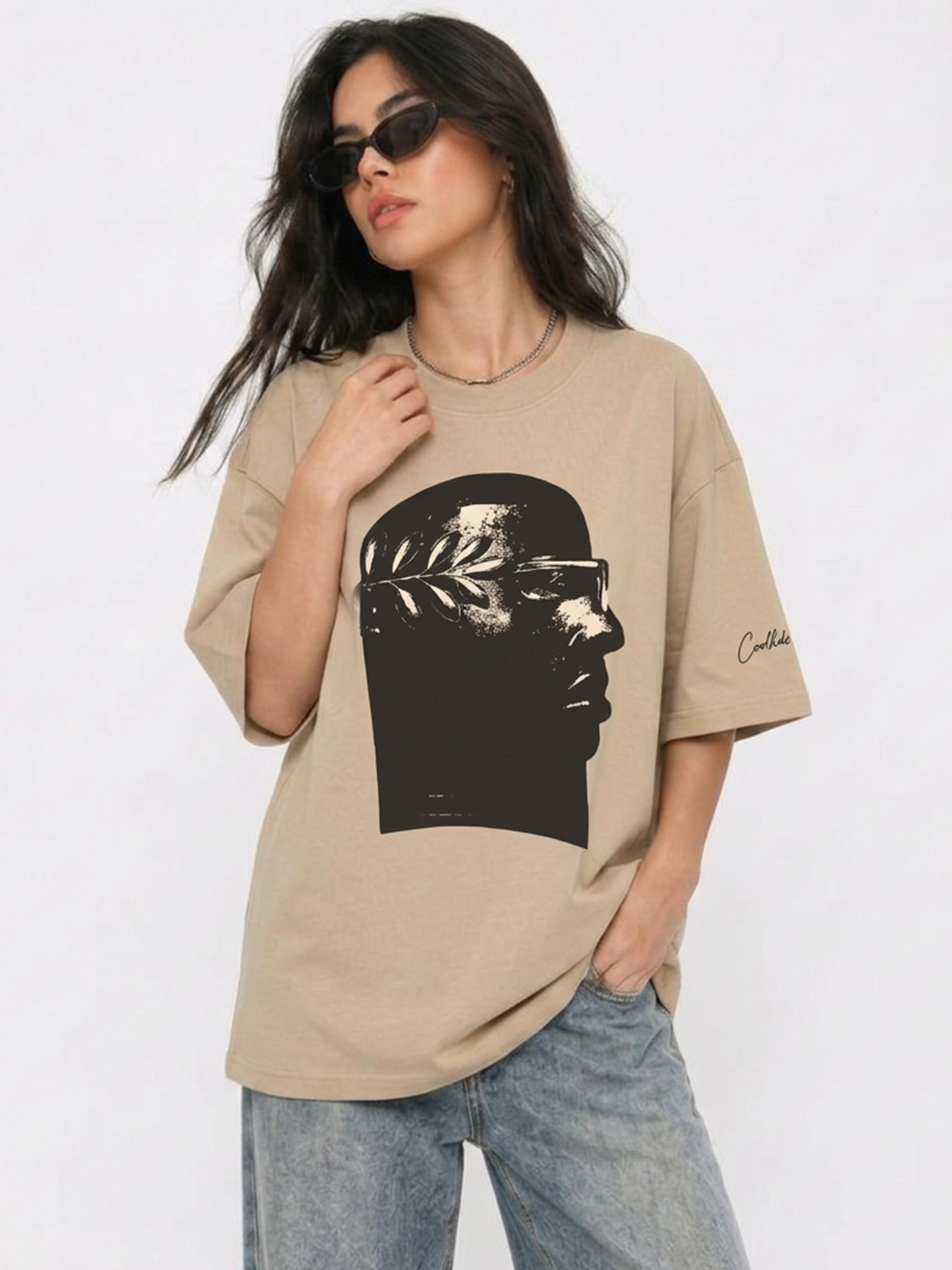Cool Bee Neo Classic Graphic Tee Beige for Women - Oversized Graphic Tee Streetwear India - Detail View