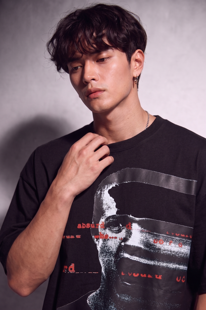 Cool Bee Glitch Portrait Tee Black for Men - Black Oversized Graphic Tee Streetwear India - Detail View